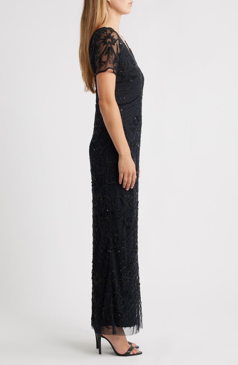 Pisarro Nights Beaded Mesh Gown, Alternate, color, Black
