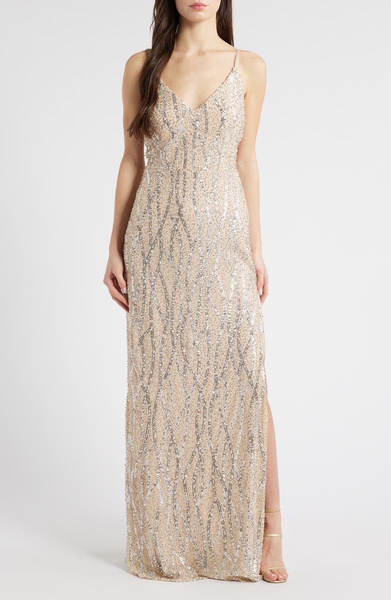 Jump Apparel Sequin & Bead Tie Back Gown, Main, color, Beige