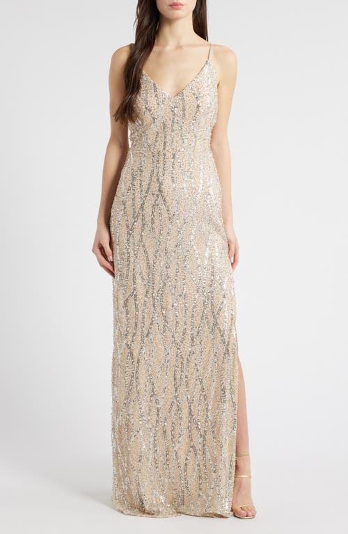 Jump Apparel Sequin & Bead Tie Back Gown In Beige