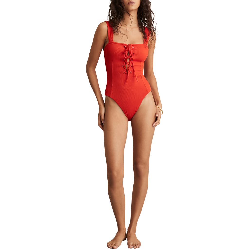 Reiss Fabienne Lace-up Rib One-piece Swimsuit In Orange