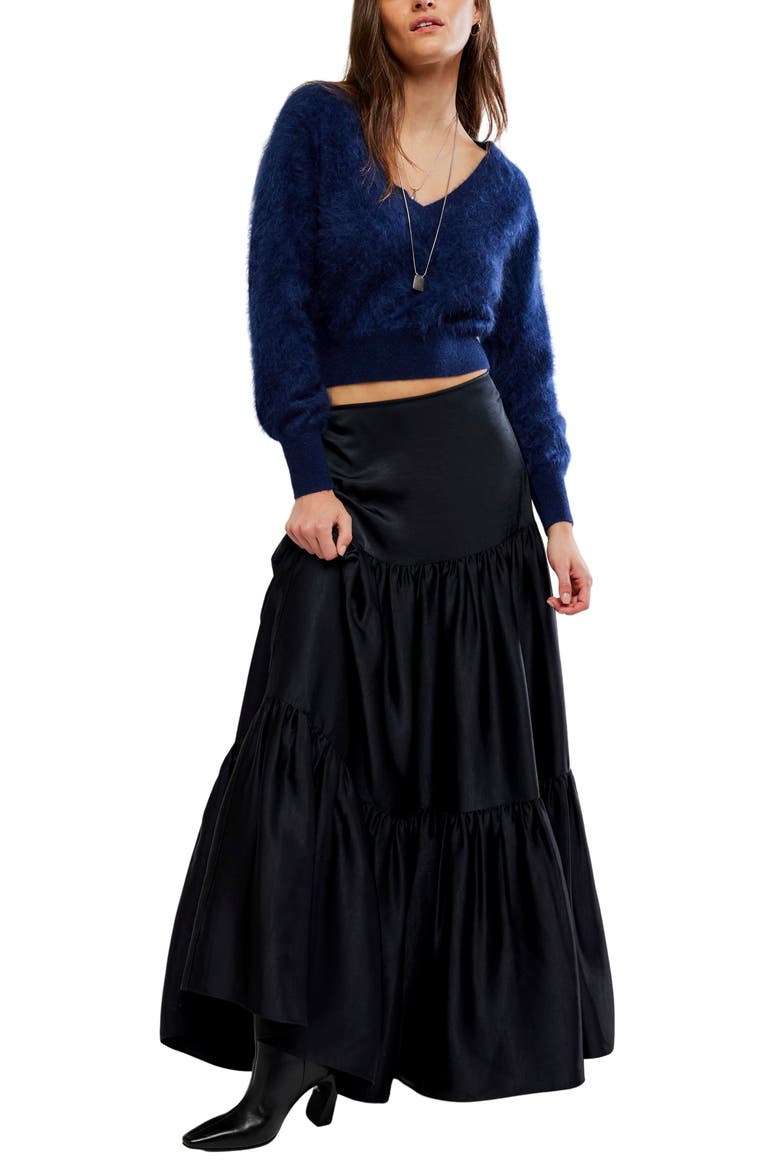 Juliette Satin Tiered Maxi Skirt, Alternate, color, BLACK