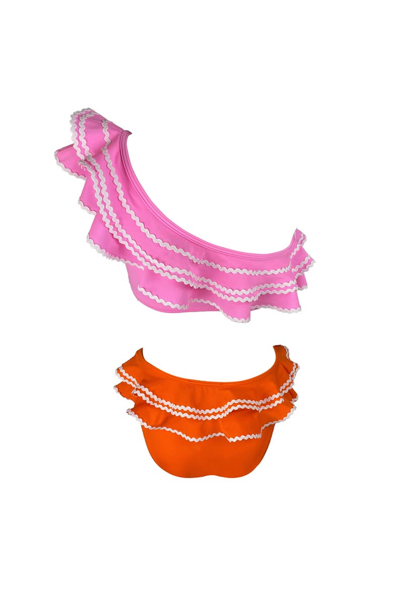 Kids' One Shoulder Pink-Orange Multi-Layered Ruffle Two-Piece Swimsuit, Alternate, color, Pink-Orange