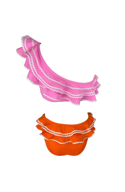 Nessi Byrd Kids' One Shoulder Pink-orange Multi-layered Ruffle Two-piece Swimsuit