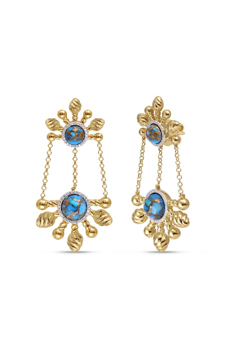 LuvMyJewelry Sunny Cascade Design Yellow Gold Plated Silver Turquoise Gemstone Diamond Earring, Main, color, 