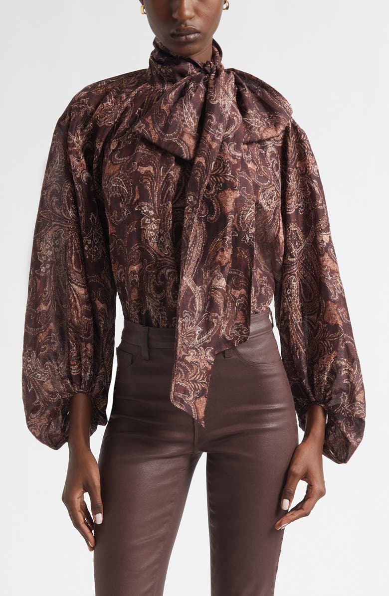 L'AGENCE Rhett Oversize Linen & Silk Top, Main, color, Brown Etched Paisley