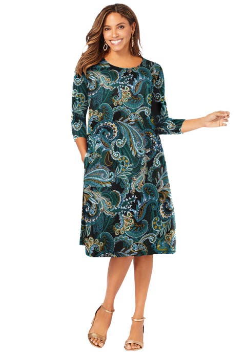 Stretch Knit Three-Quarter Sleeve T-shirt Dress