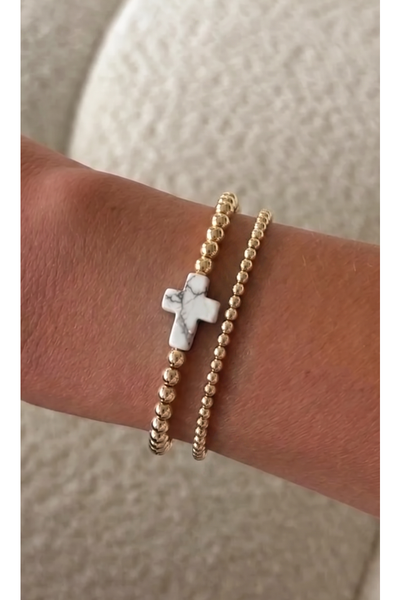 marble cross juno 14k gold filled bead bracelet two stack, Alternate, color, Gold