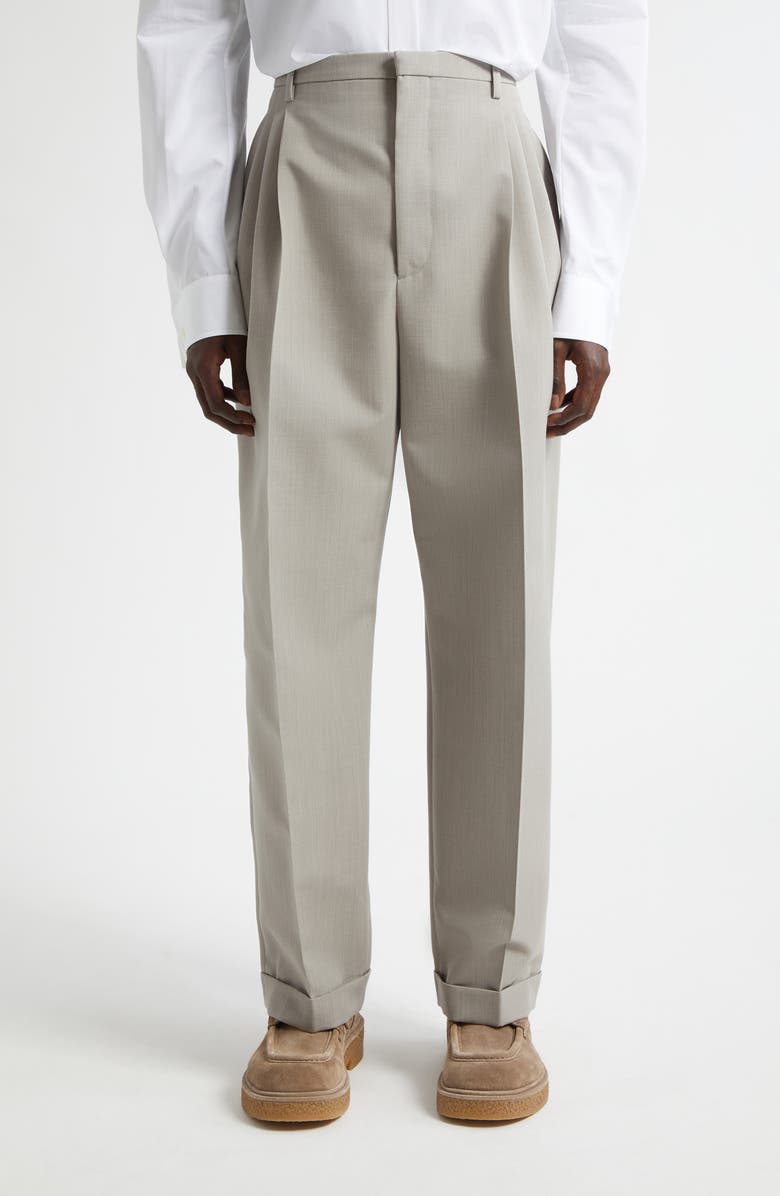 Bottega Veneta Pleated Dry Wool Mélange Toile Trousers, Main, color, 1105 Stone Melange