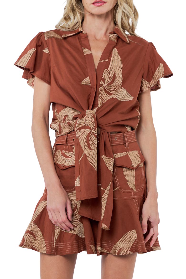 Renna Embroidered Detail Tie Front Button-Up Cotton Shirt, Main, color, CARAMEL