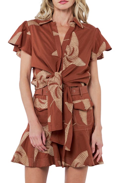 Renna Embroidered Detail Tie Front Button-Up Cotton Shirt