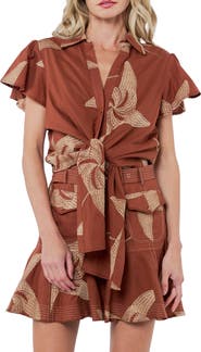 CIEBON Renna Embroidered Detail Tie Front Button-Up Cotton Shirt
