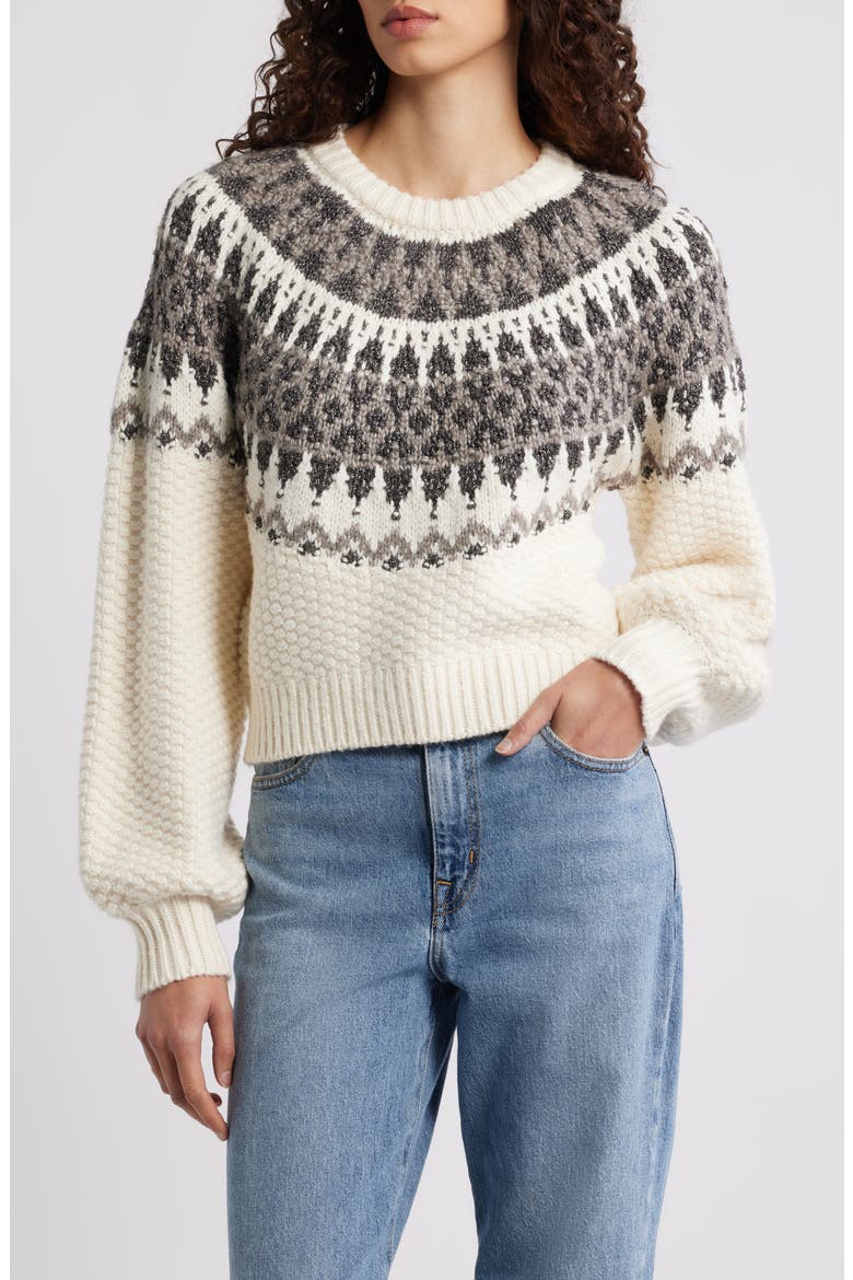Alora Metallic Fair Isle Balloon Sleeve Sweater, Main, color, SEA SALT COMBO