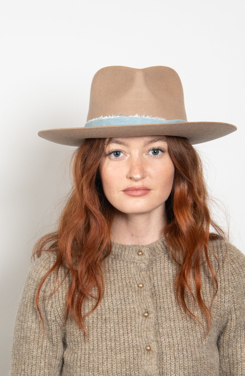 W Y E T H Denim Wrap Beaded Trim Scout Fedora, Alternate, color, Taupe