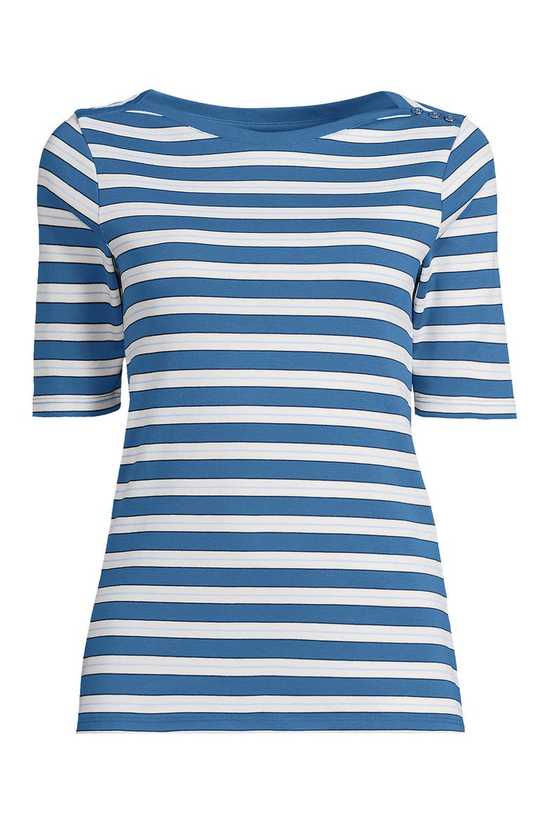 Supima Cotton Elbow Sleeve Boatneck Button Shoulder Tee, Alternate, color, Teal Blue Ocean Multi Stripe