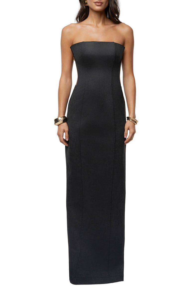 Madioson Sheer Inset Faux Suede Column Gown, Main, color, BLACK