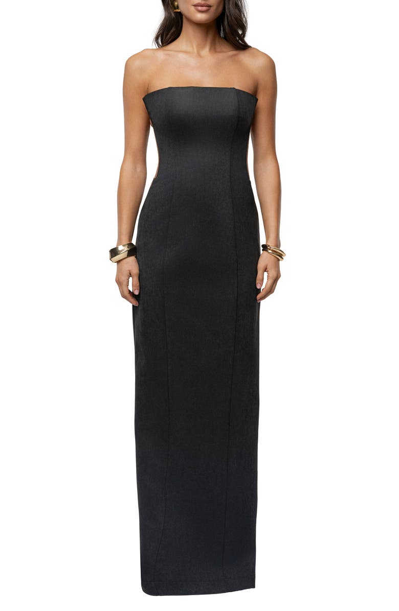 JLUXLABEL Madioson Sheer Inset Faux Suede Column Gown, Main, color,