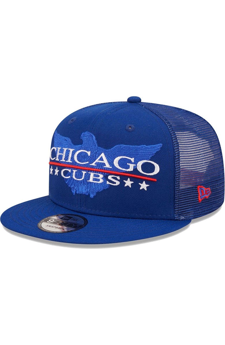 New Era Men's New Era Royal Chicago Cubs Patriot Trucker 9FIFTY Snapback Hat, Alternate, color, 