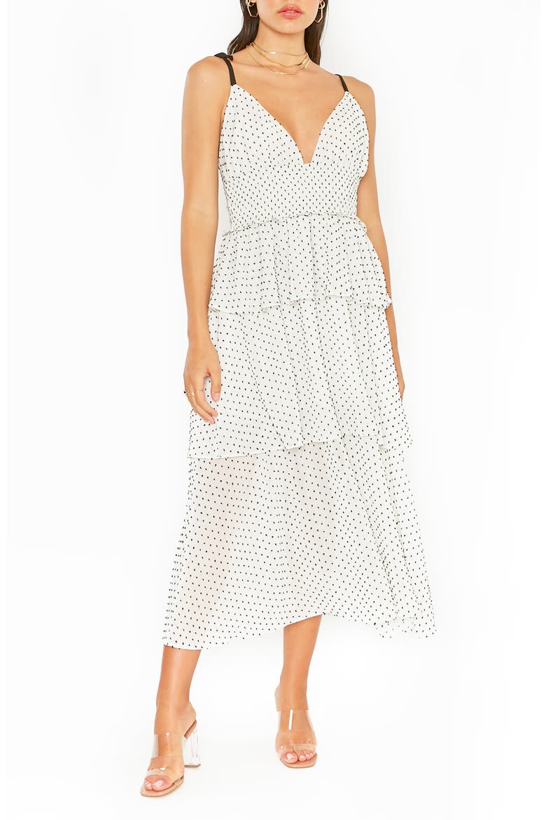 Paula Polka Dot Tiered Ruffle Midi Sundress, Main, color, WHITE-BLACK DOT