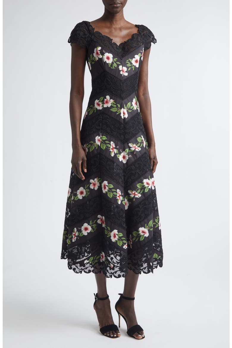 Chiné Hibiscus Stripe Faille Midi Dress, Main, color, BLACK