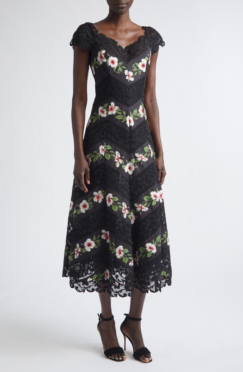 Oscar de la Renta Chiné Hibiscus Stripe Faille Midi Dress, Main, color, Black