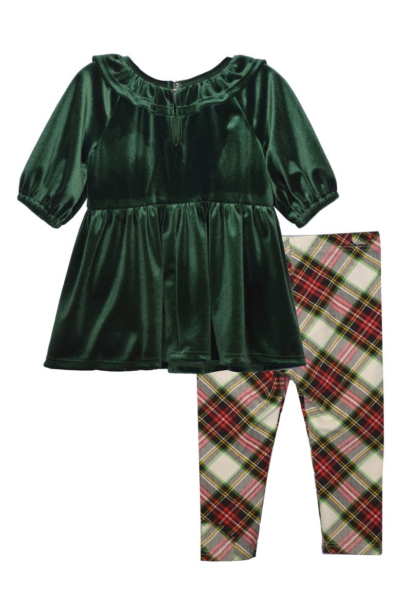 Bonnie Jean Velvet Dress, Plaid Leggings & Headband Set, Alternate, color, Green