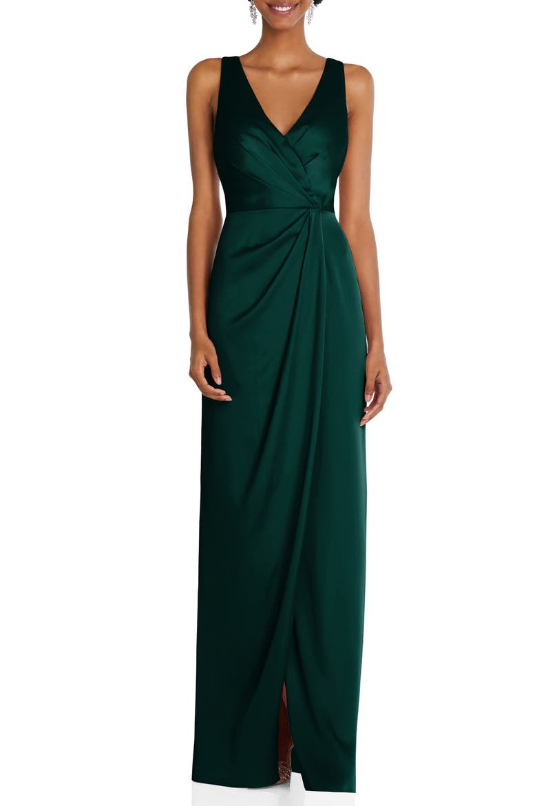 Sleeveless Satin Faux Wrap Gown, Main, color, EVERGREEN