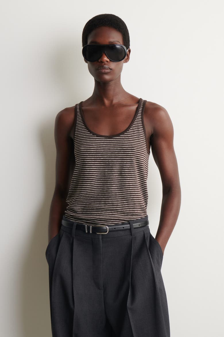 Linen-jersey Tank Top, Main, color, BROWN / WHITE / STRIPED