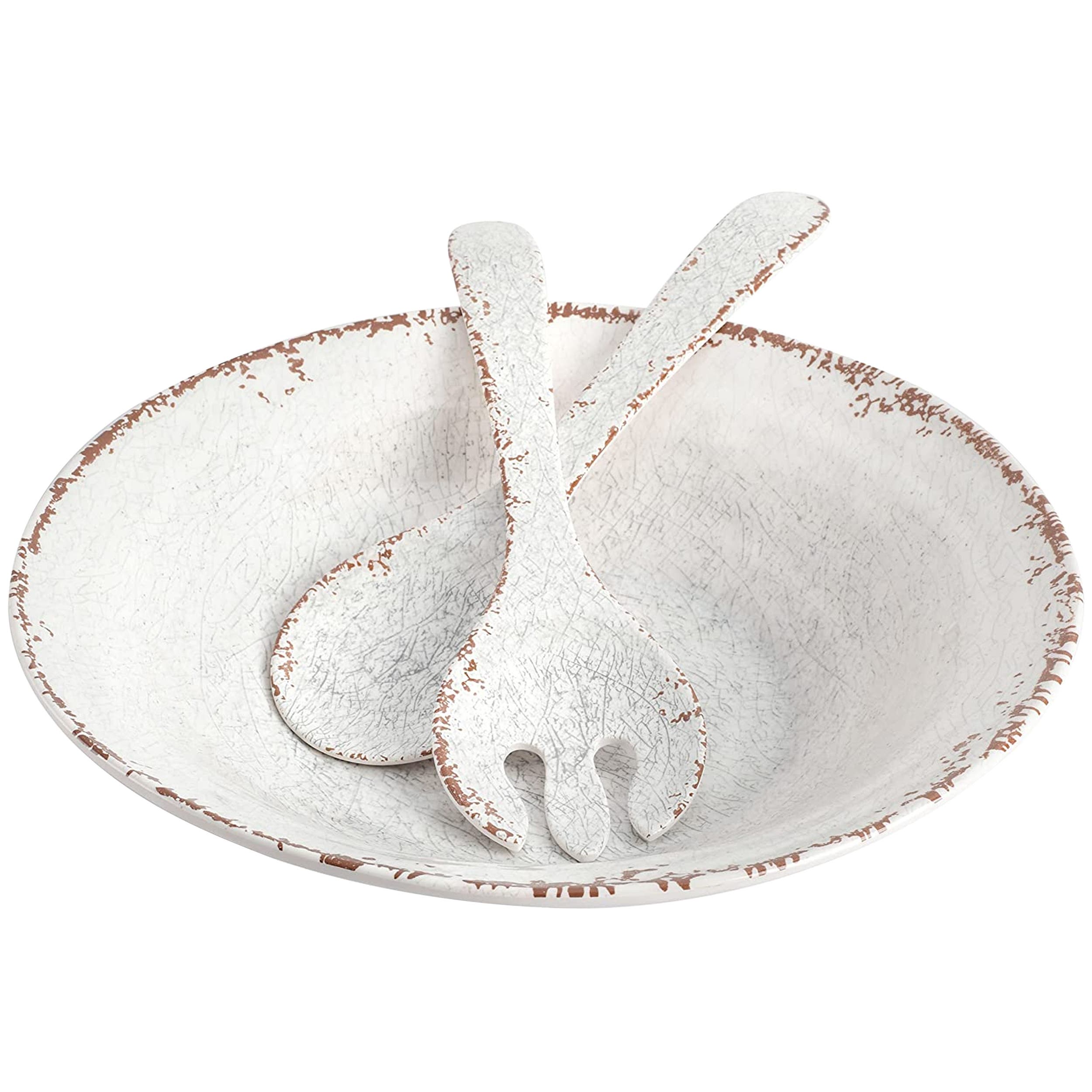 Laurie Gates Mauna 3 Piece Melamine Serving Bowl Set in White with Serving Utensils - White