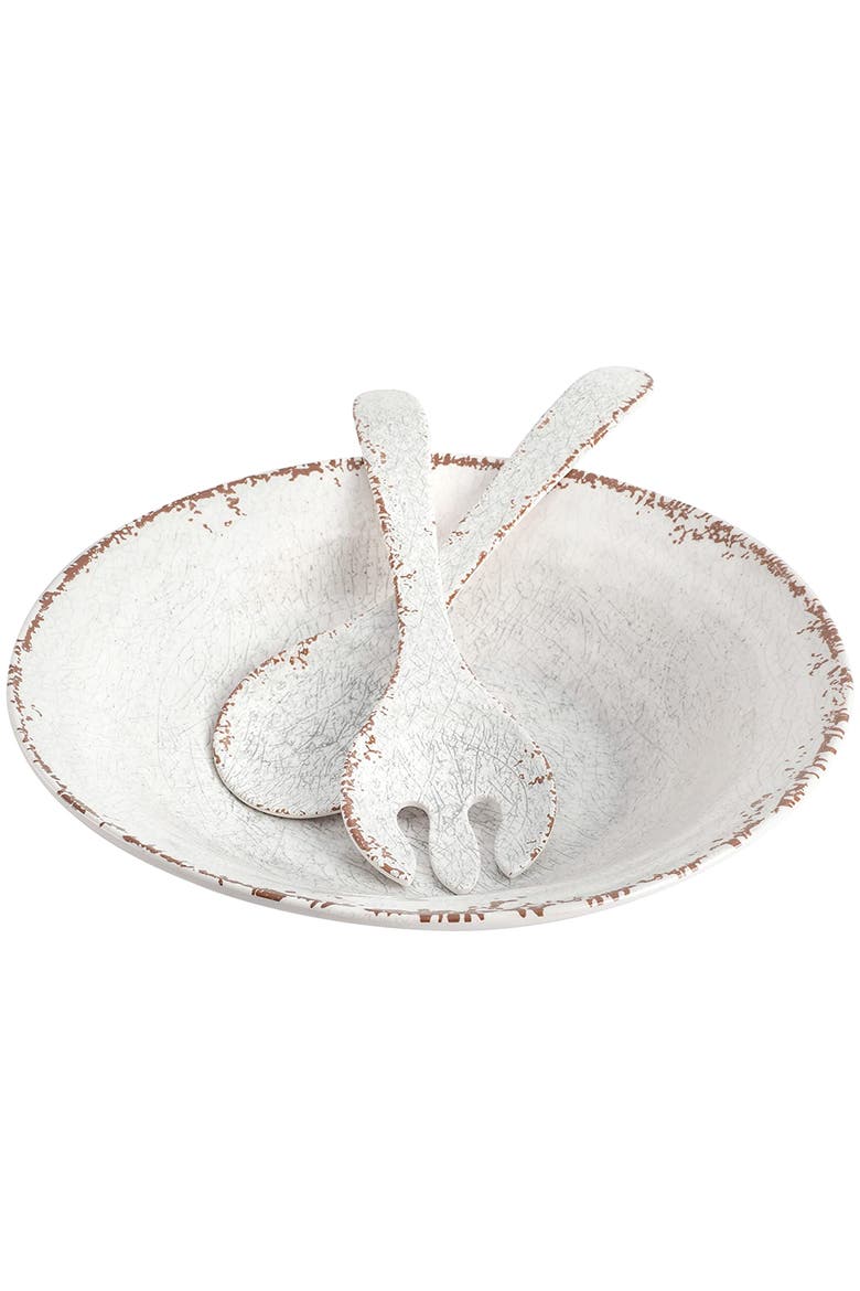 Mauna 3 Piece Melamine Serving Bowl Set in White with Serving Utensils, Main, color, White
