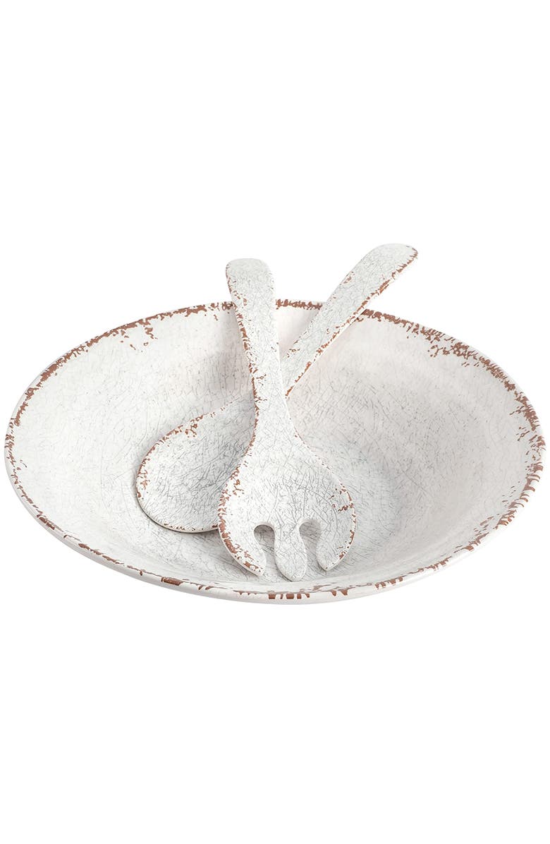 Laurie Gates Mauna 3 Piece Melamine Serving Bowl Set in White with Serving Utensils, Main, color, White