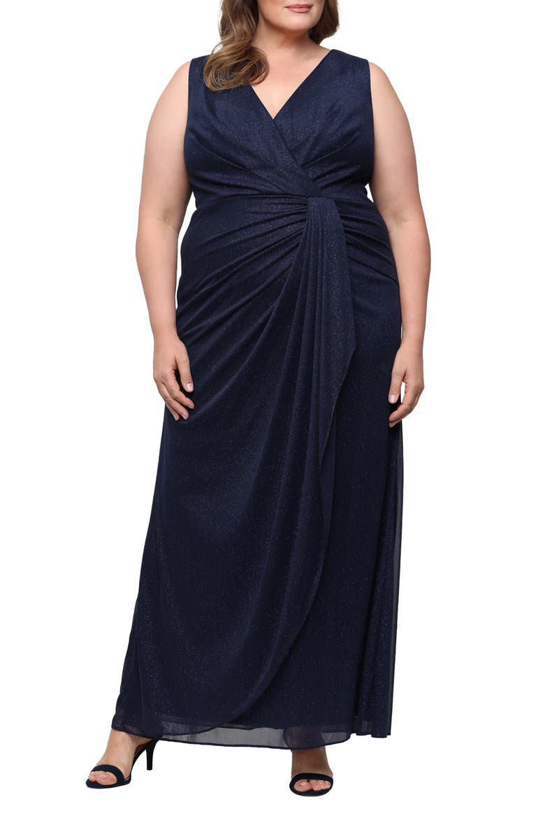 Sleeveless Glitter Mesh Gown, Main, color, DARK NAVY