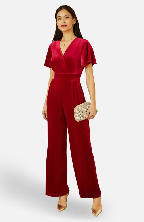 Yumi Angel Sleeve Velvet Jumpsuit In Red