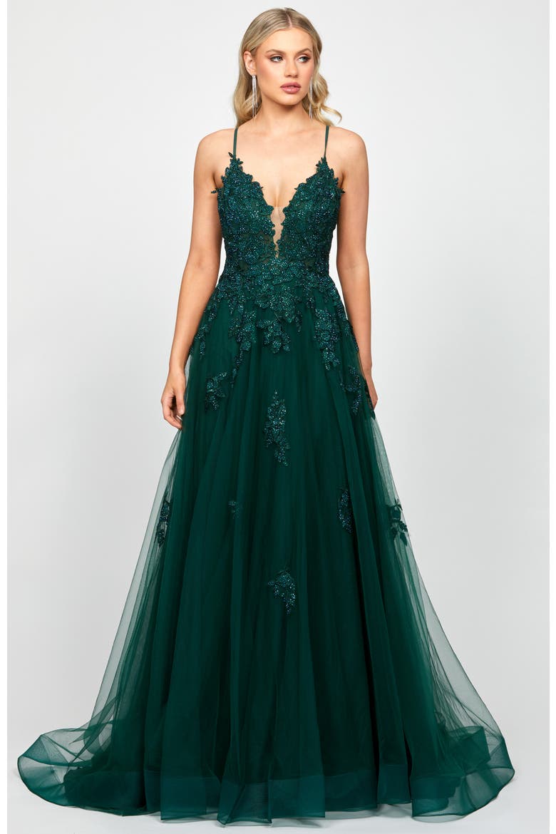 Alie Plunging Ball Gown, Alternate, color, DARK GREEN