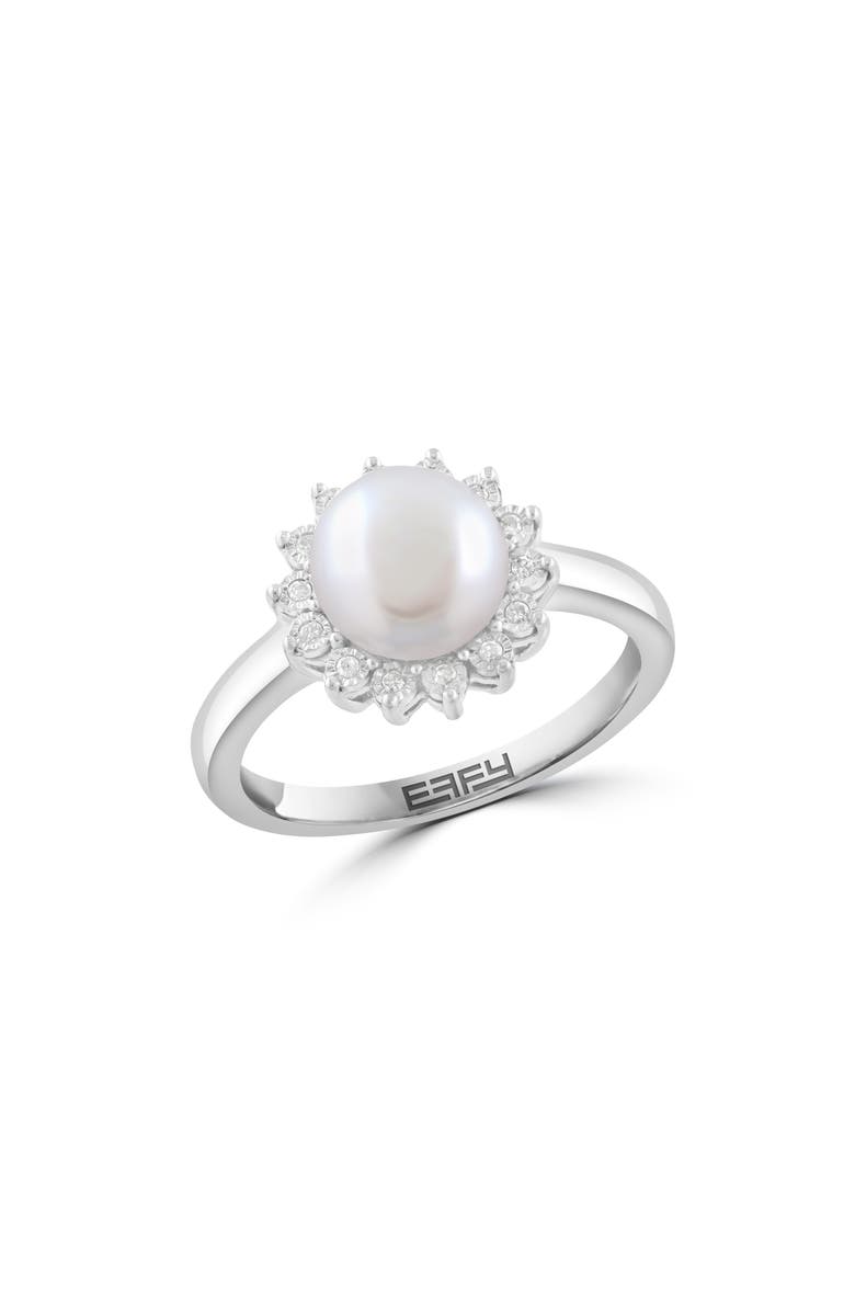 EFFY Sterling Silver Pearl Diamond Halo Ring, Main, color, White