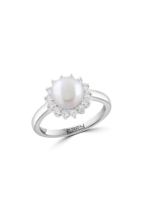 Sterling Silver Pearl Diamond Halo Ring