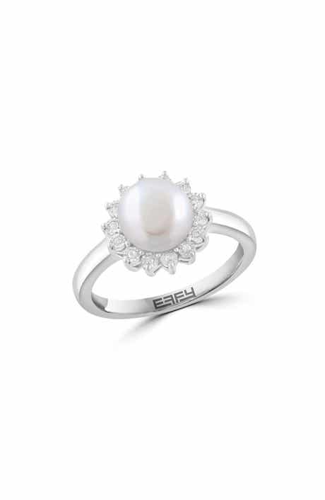 Sterling Silver Pearl Diamond Halo Ring