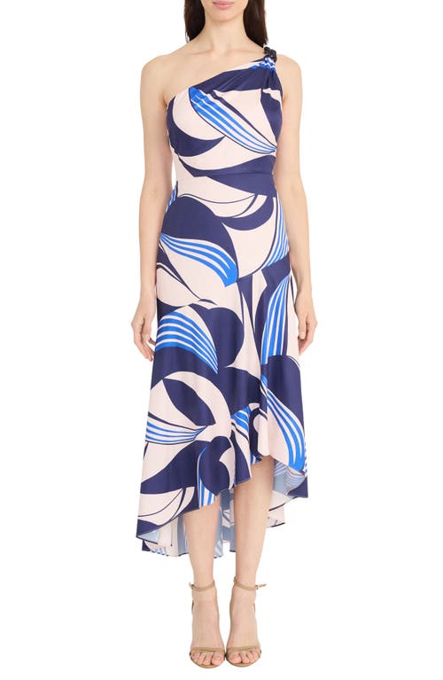 Maggy London Abstract Print Asymmetric Midi Dress In Navy/blush