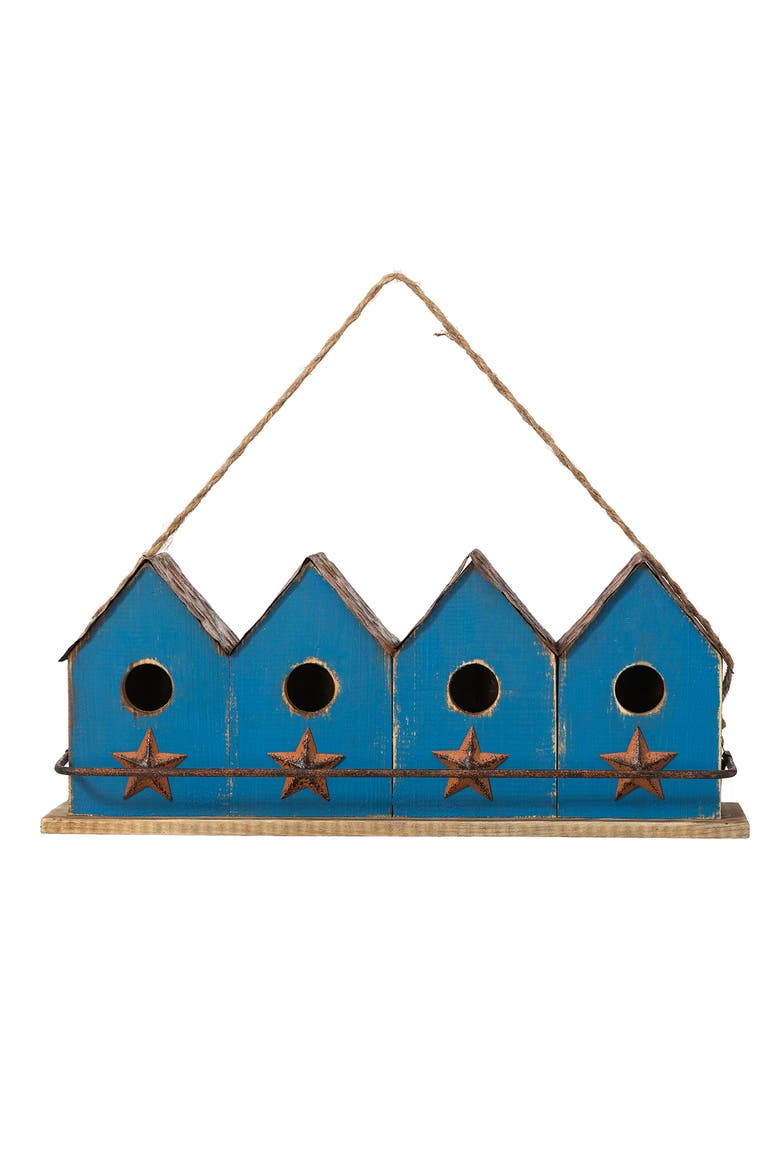 17"L Retro Blue Distressed Solid Wood Birdhouse with Perch, Main, color, Blue