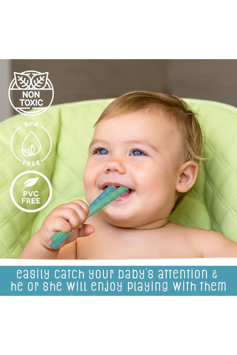 Soft Silicone Hollow Teething Tubes  4 Piece Set with Cleaning Brushes, Alternate, color, Green & Blue