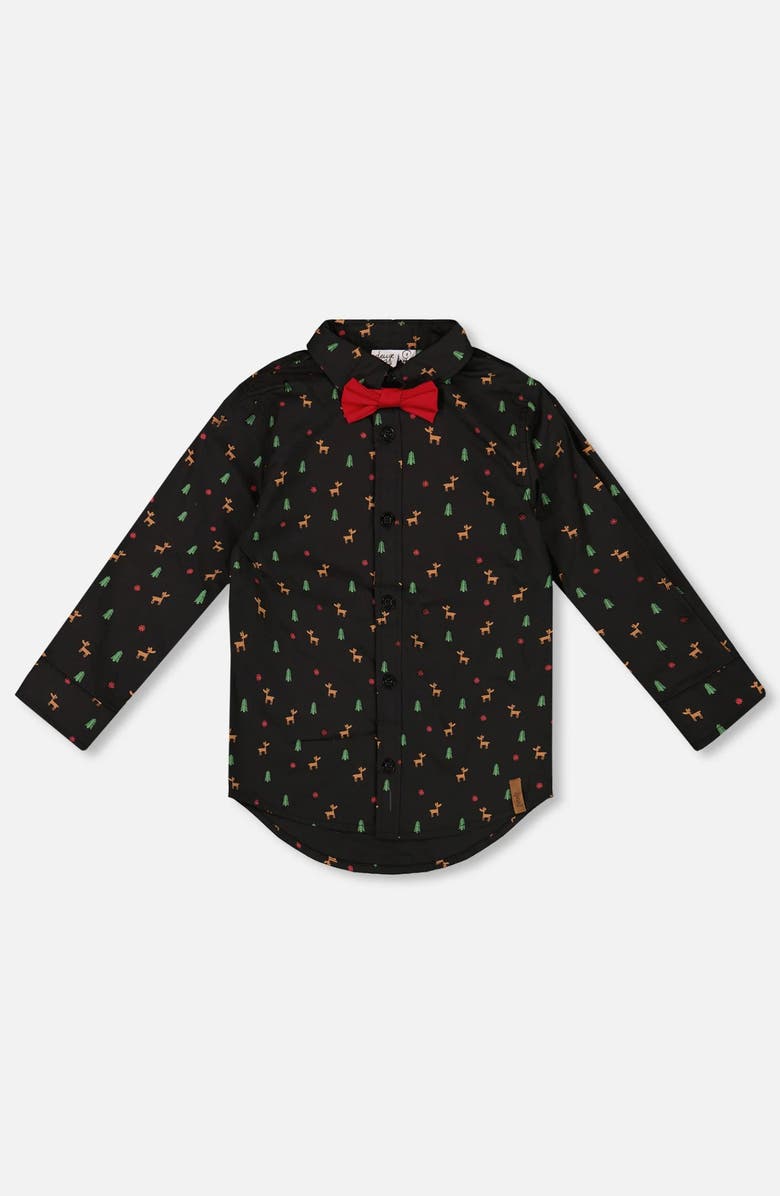Deux par Deux Poplin Shirt with Bow Tie, Main, color, Black And Multicolor