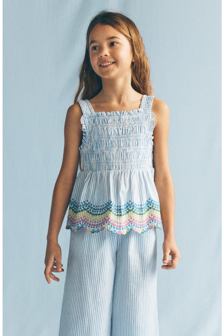 Kids' Stripe Eyelet Shirred Cotton Top, Alternate, color, BLUE TICKING RAINBOW