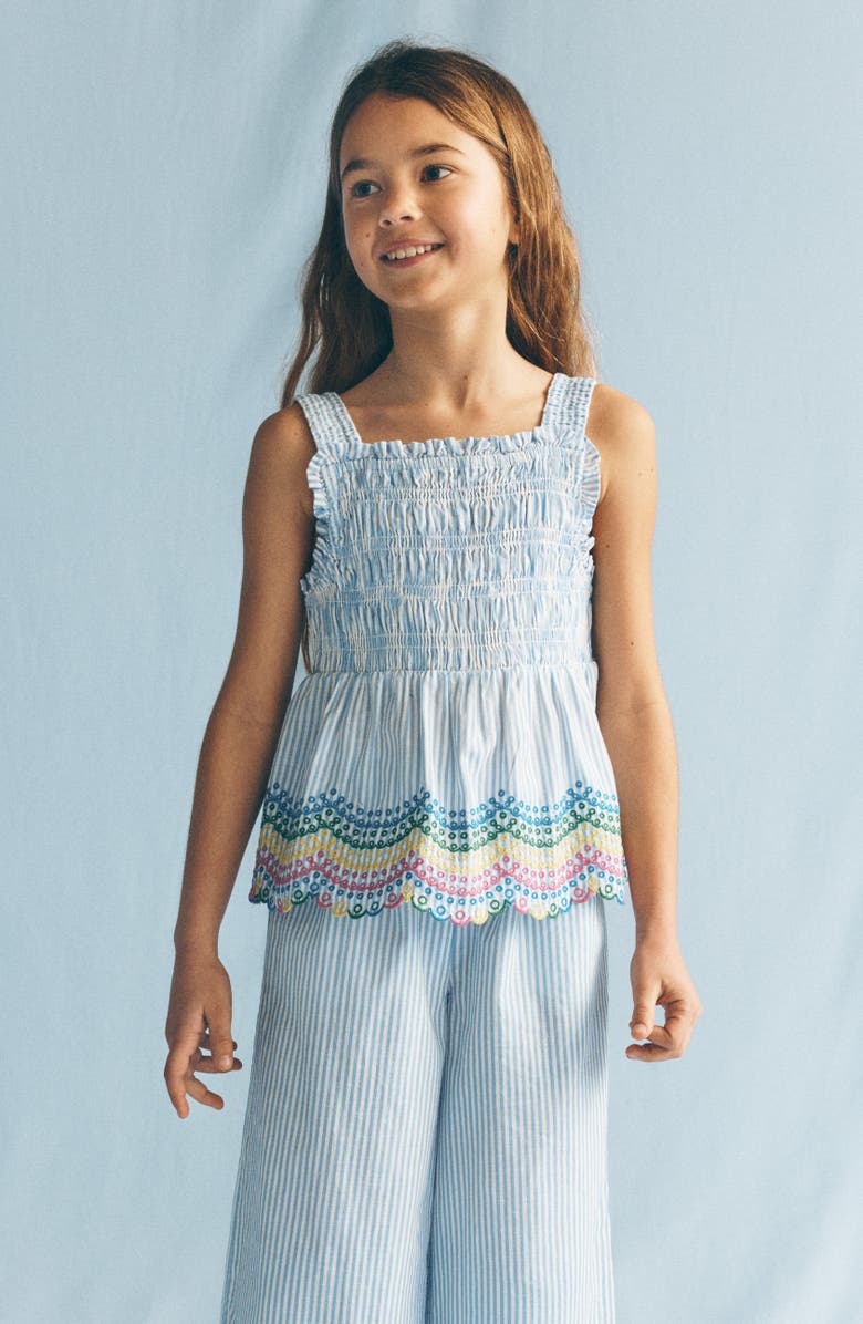 Mini Boden Kids' Stripe Eyelet Shirred Cotton Top, Alternate, color, Blue Ticking Rainbow