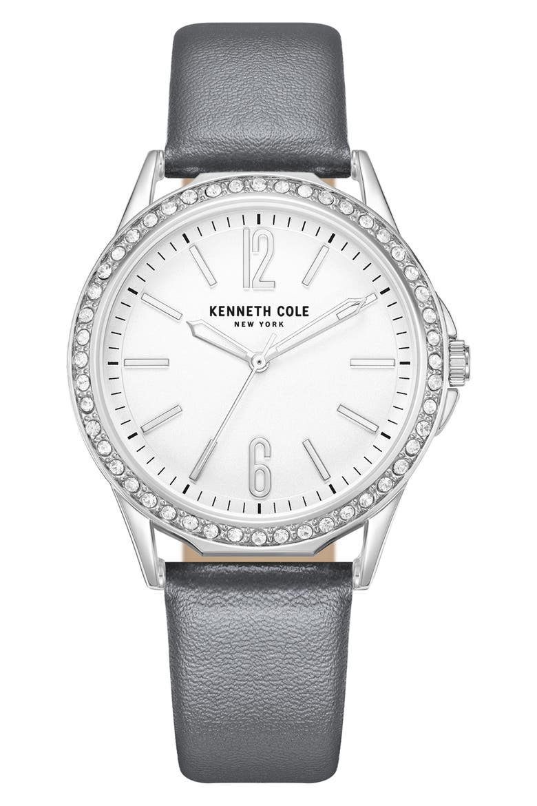 Classic Crystal Leather Strap Watch, 37mm, Main, color, GREY