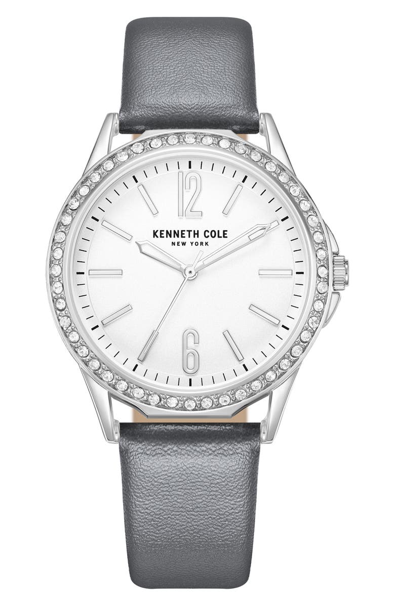 Kenneth Cole Classic Crystal Leather Strap Watch, 37mm, Main, color, 