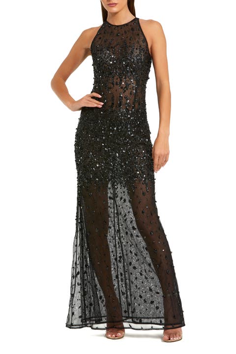 Embellished Sheer Halter Gown