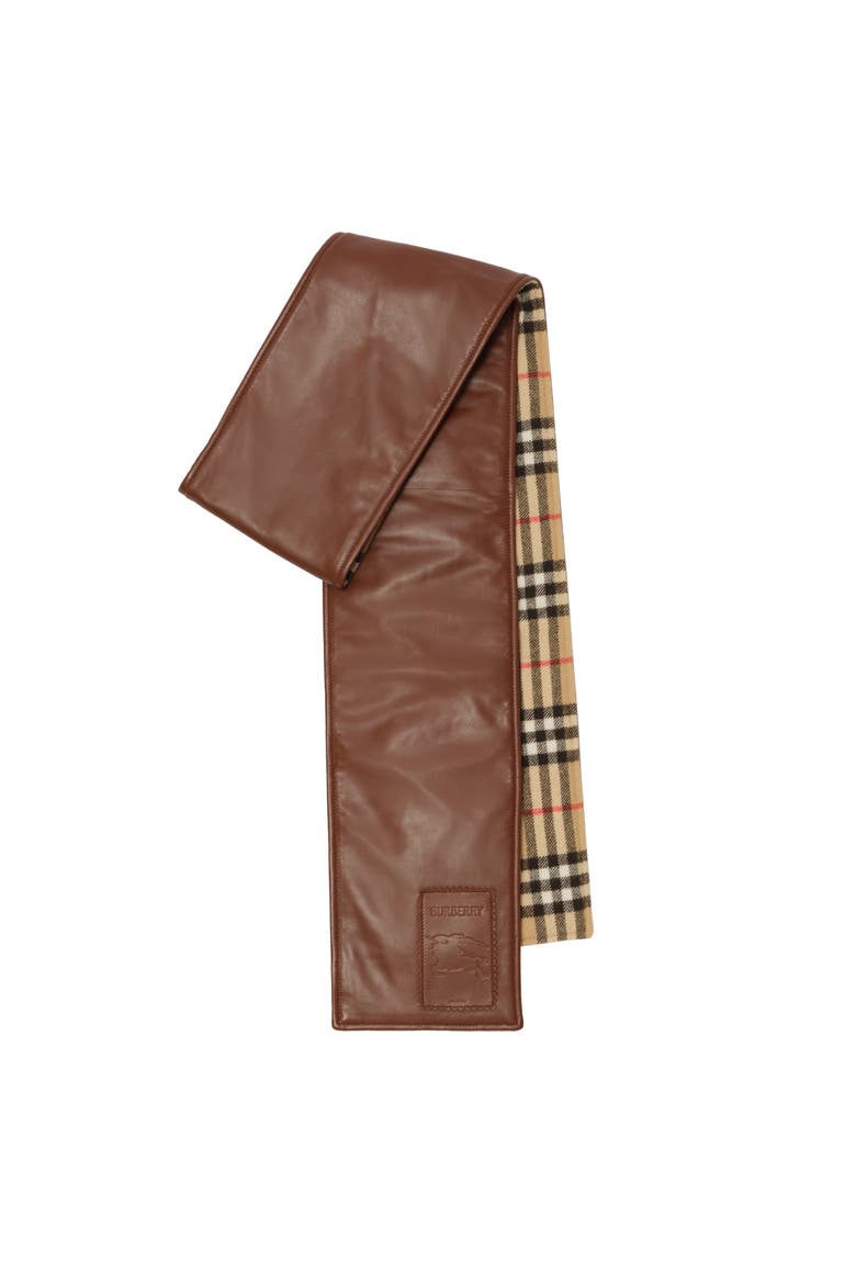 Narrow Reversible Check and Leather Scarf, Main, color, Archive beige