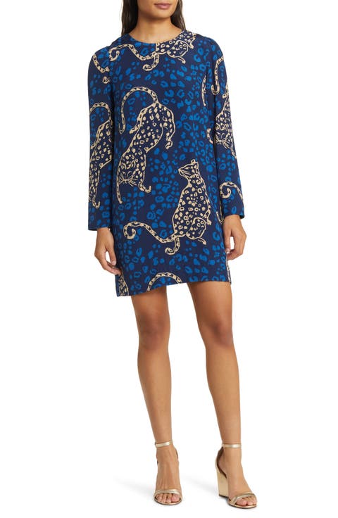 Tyra Leopard Print Long Sleeve Silk Shift Dress