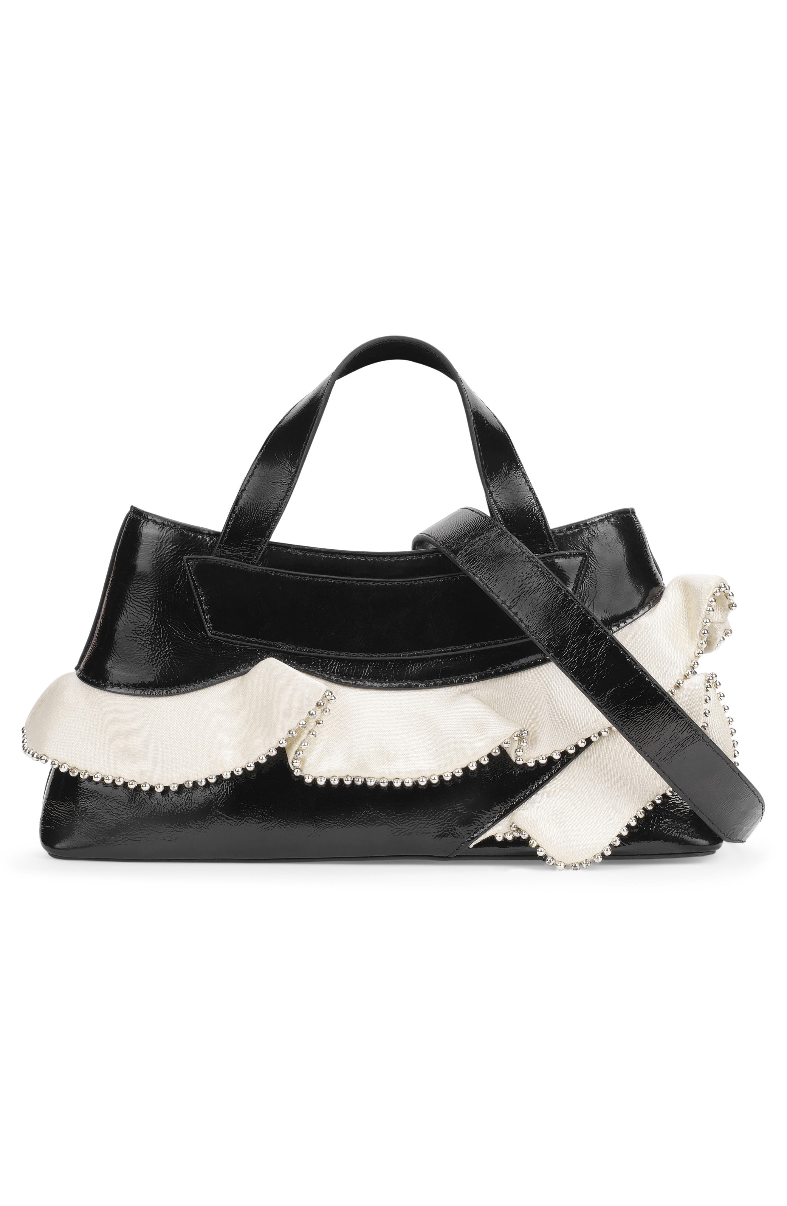 Franca Leather Ruffle Shoulder Bag, Alternate, color, BLACK