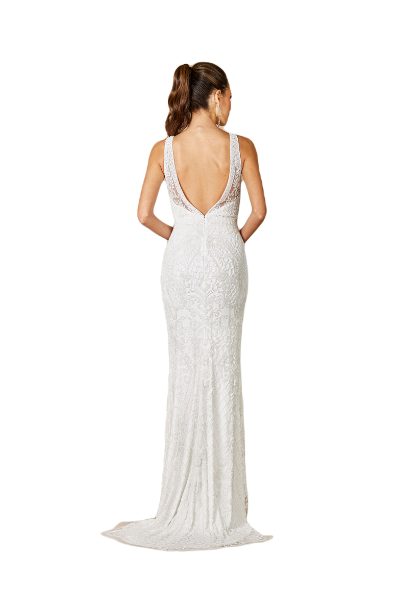 LARA New York Foster High-Neck Sleeveless Wedding Gown, Alternate, color, Ivory