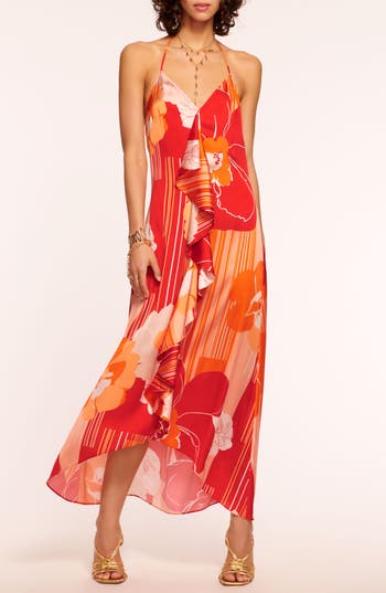 Ramy Brook Jeanette Womens Printed Satin Midi Dress In Flame Amore